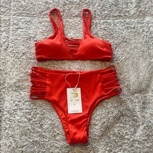 TiniBikini Red Ribbed Strappy High-Waist Bikini